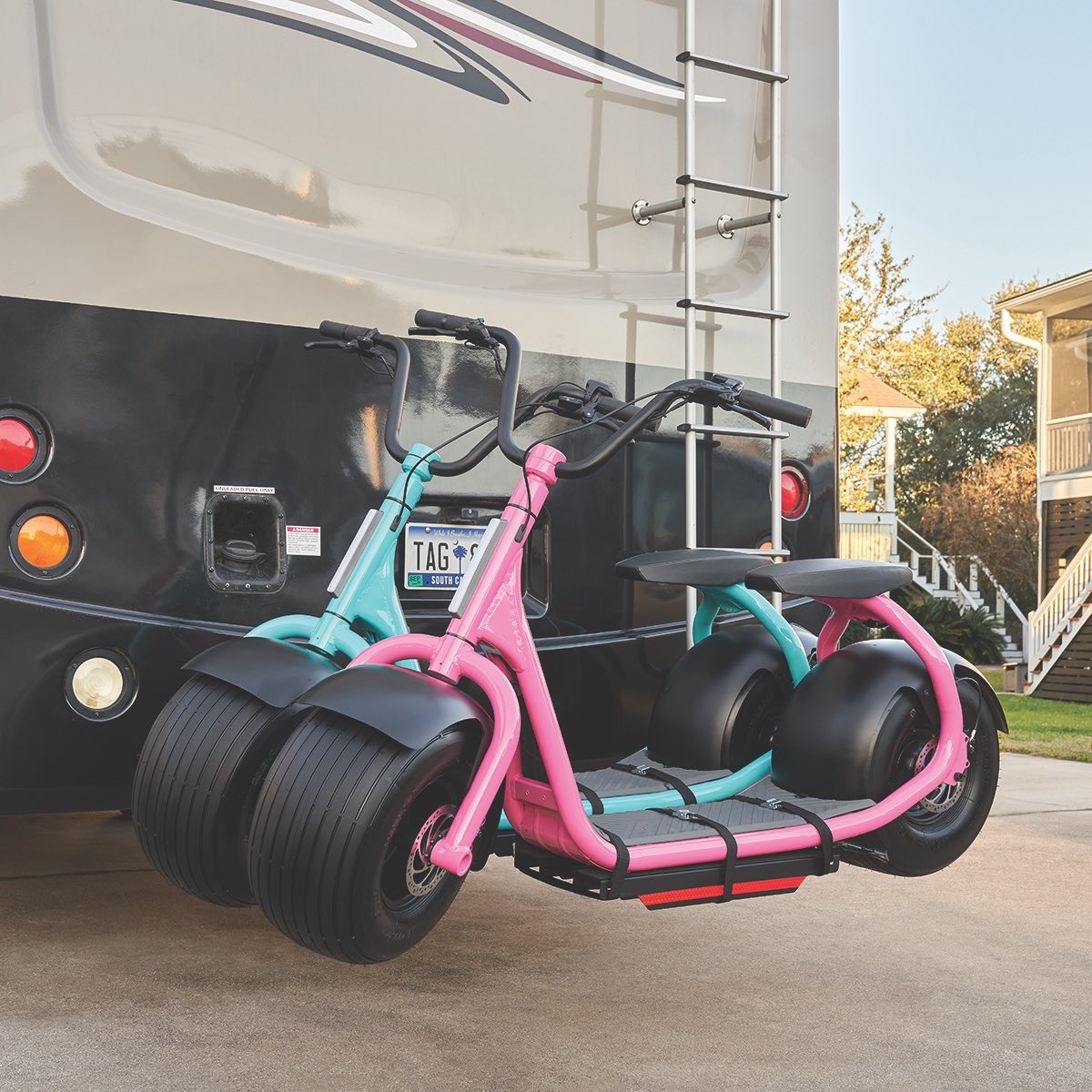 All terrain electric rideable scooter at campground and park trails