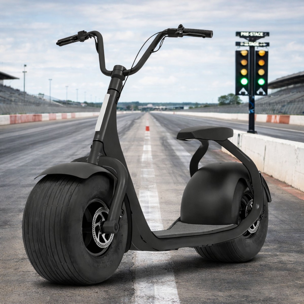 Off-road electric scooter with fat tires riding on farm property terrain