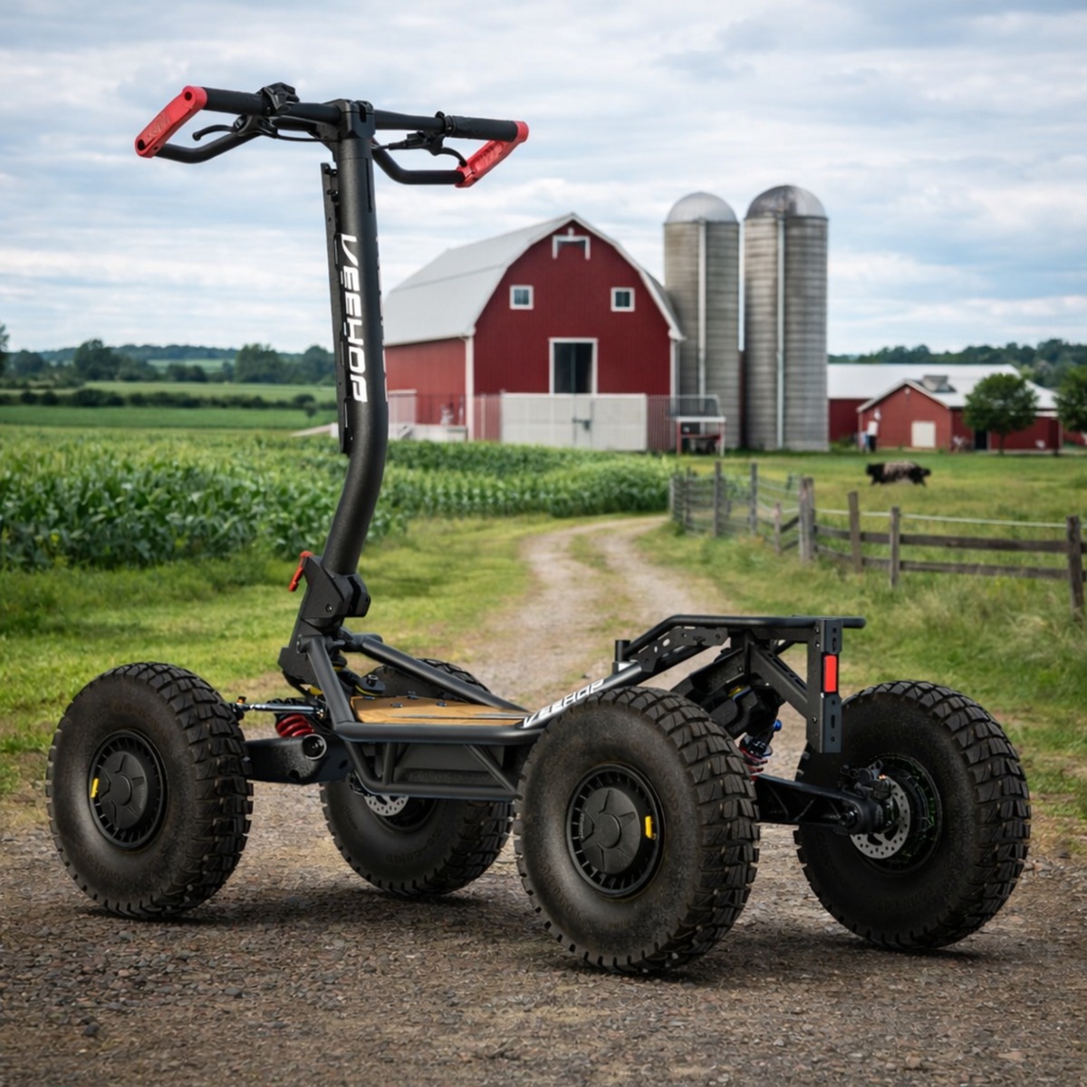Off-road electric scooter with fat tires riding on farm property terrain