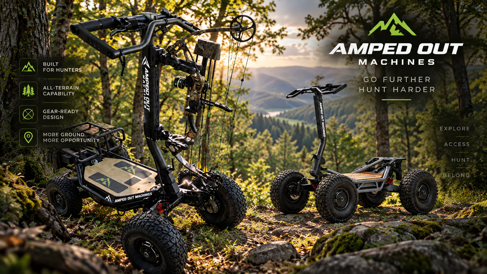 Amped Out Machines branded electric hunting ATVs and bow-equipped hunting scooter in a forest