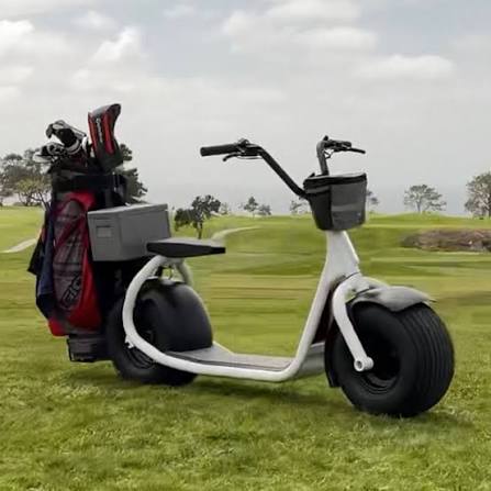 Two-wheel electric golf scooter with golf bag at a golf course